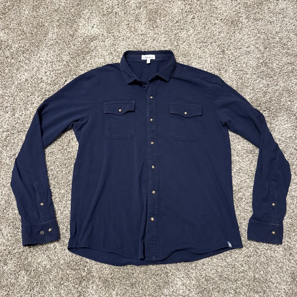 Peter Millar Blue Pima Cotton Stretch Button Front Utility Shirt Sz M Pearl Snap